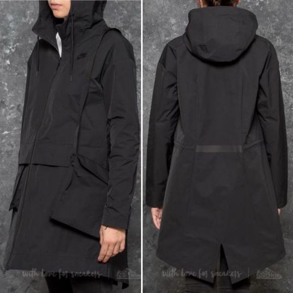 Nike Cargo Parka Small Black Waterproof Long Hooded Rain Jacket Cinch Waist - Picture 5 of 15